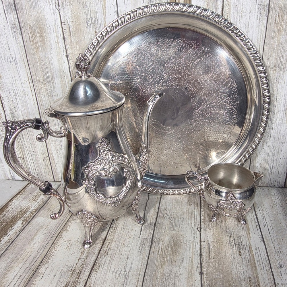 Leonard Silver Plated Tea Set 3pc Ornate Teapot Creamer and Etched Serving Tray - Picture 3 of 16